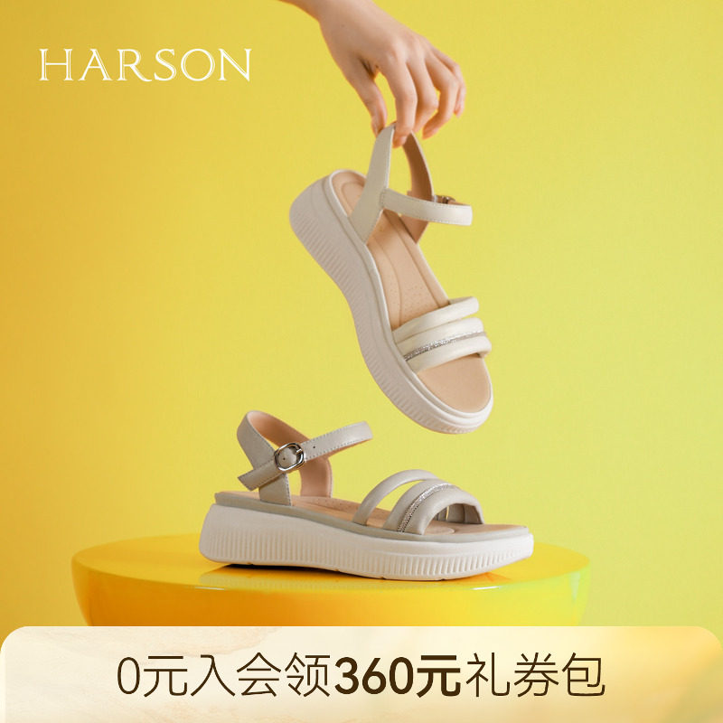 哈森一字带凉鞋女夏季新款真皮厚底休闲沙滩女鞋HM257907
