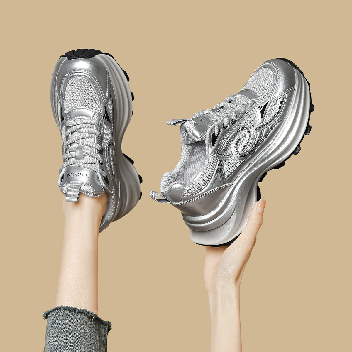 哈森厚底网面透气老爹鞋女鞋2026春秋新款百搭休闲鞋舒适运动鞋