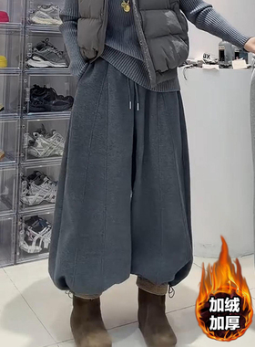 宽松纯色弯刀加绒休闲裤女秋冬季新款梨型身材大码遮胯直筒束口裤