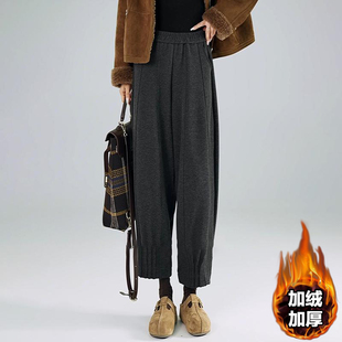 高品质压褶加绒灯笼裤女秋冬新款加厚保暖大码胖mm显瘦直筒休闲裤