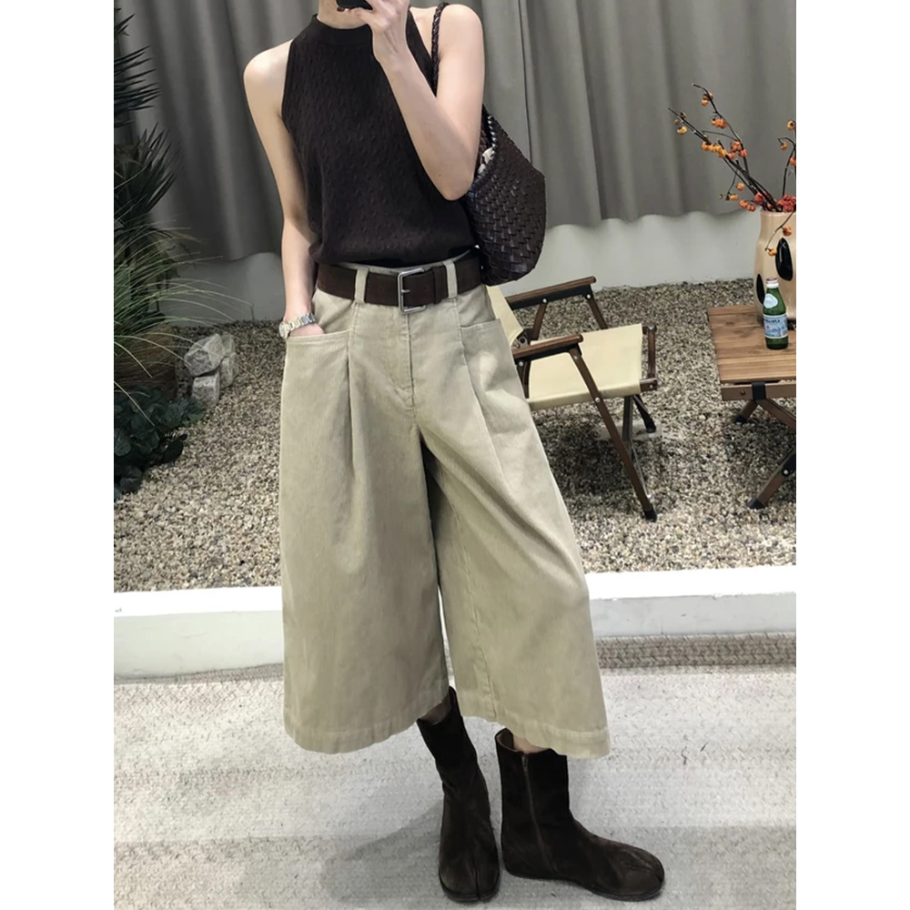 韩系复古显瘦灯芯绒七分裤女士2025秋冬新款高腰直筒阔腿裤休闲裤