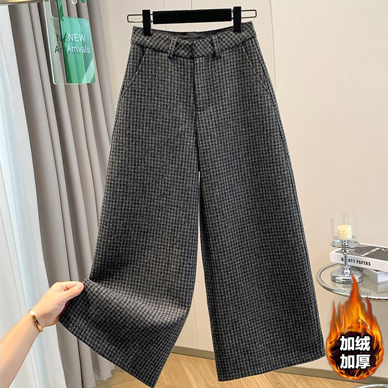 加绒加厚毛呢格子裤女冬季新款