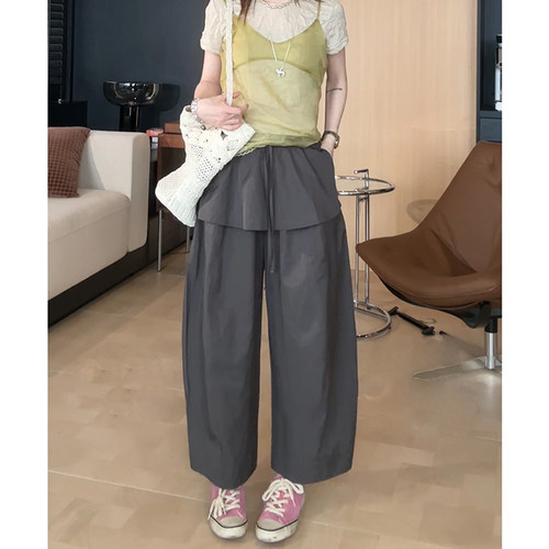 松紧腰灰色屁帘阔腿裤女夏季爆款