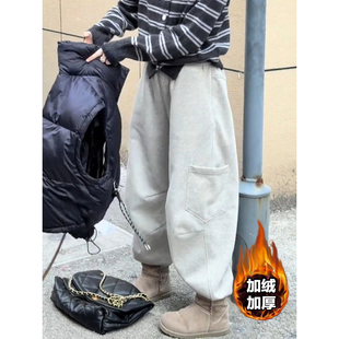 高端欧货宽松弯刀加绒休闲裤女秋冬季新款加厚保暖设计感直筒卫裤