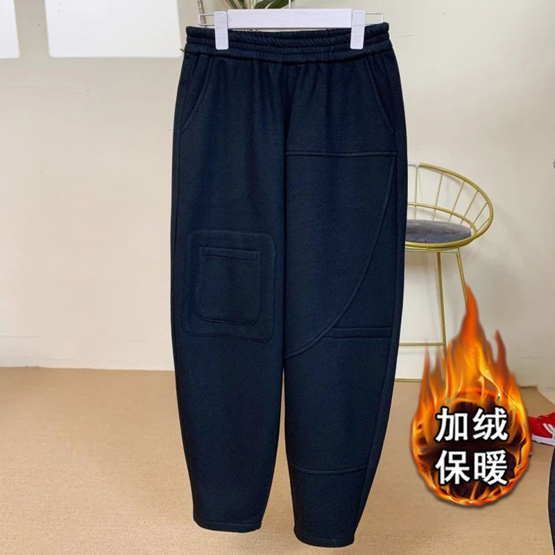 加绒加厚复古哈伦裤冬季新款大码时尚休闲裤宽松妈妈减龄纯色女裤