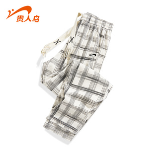 贵人鸟冬季运动裤斜插口袋男式方格满印长裤复古宽松直筒裤男裤子