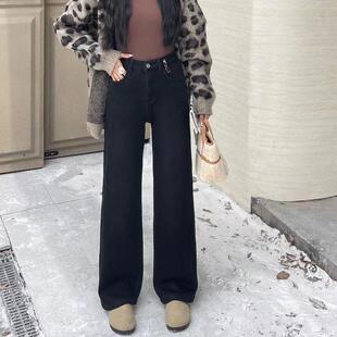冬新款加绒保暖显瘦窄版阔腿裤女高弹牛仔直筒长裤拼豹纹