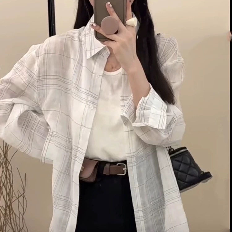 韩版宽松大码防晒格子衬衫两件套