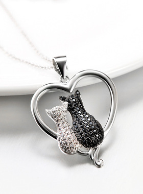 925银一对黑白猫咪甜美可爱项链