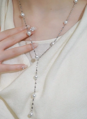 旭平普通金属合金仿珍珠Y字型项链气质简约易搭毛衣链约48+4CM