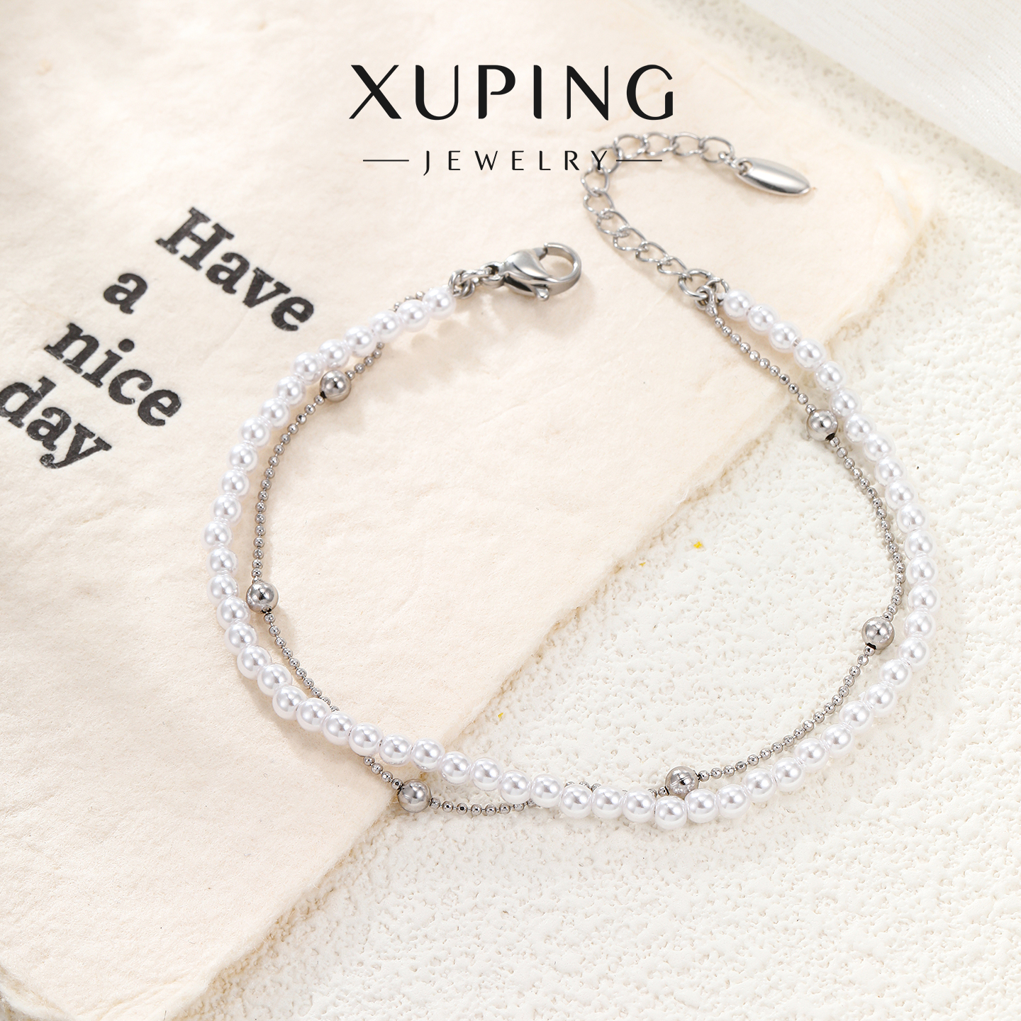 旭平简约ins风时尚气质易搭通勤珠珠双层叠戴仿珍珠手链