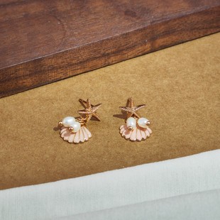 旭平扇贝壳仿珍珠耳钉度假风海边耳饰