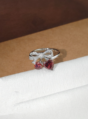 旭平恋恋樱桃红色蝴蝶结樱桃人造石戒指女时尚气质温柔轻奢食指环