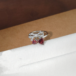 旭平恋恋樱桃红色蝴蝶结樱桃人造石戒指女时尚 气质温柔轻奢食指环