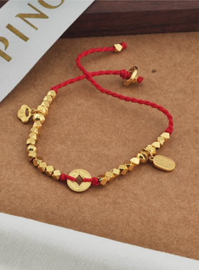 旭平红色编织手绳女铜钱福字可调节时尚手饰