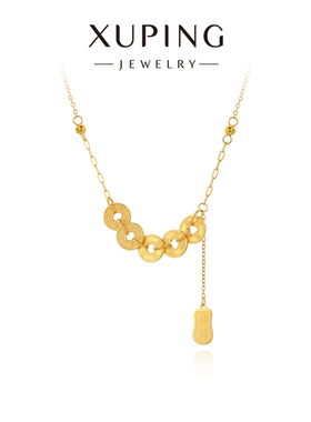 旭平仿黄金色铜钱流苏福字牌牌项链女复古新中式气质锁骨链