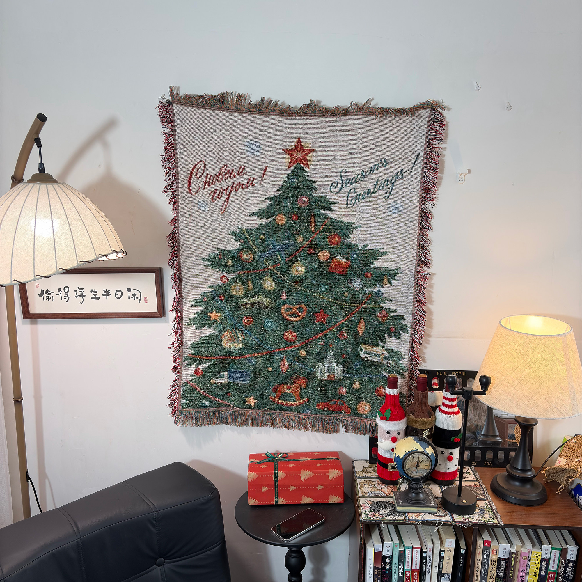 Merry Christmas圣诞卡通装饰挂毯房间布置沙发毯节日氛围感挂毯