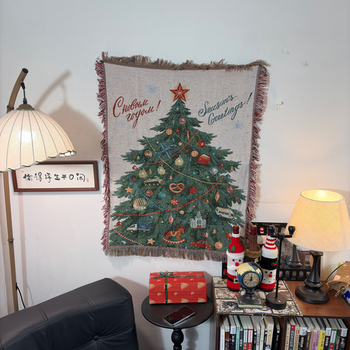Merry Christmas圣诞卡通装饰挂毯房间布置沙发毯节日氛围感挂毯
