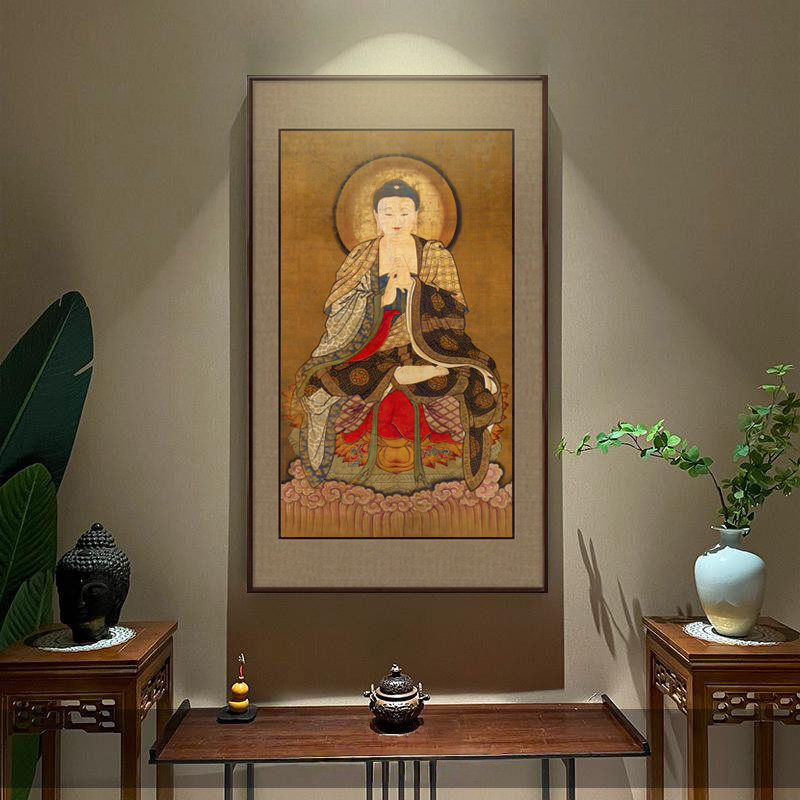 大日如来佛祖挂画玄关中堂竖版佛像装饰画高档立体实木装裱双框画
