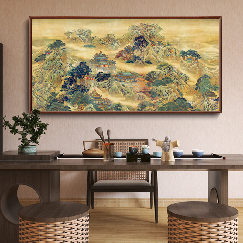 佛道仙家堂口横版山水画新中式蓬莱仙境图神龛神台背景墙装饰画框