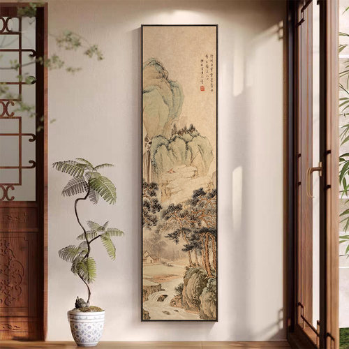 松崖观瀑宋式美学玄关装饰画新中式客厅茶室走廊过道竖版山水挂画