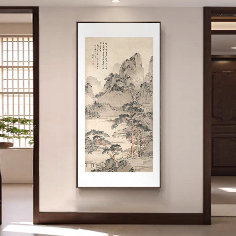 清江幽居图新中式玄关竖幅挂画客厅茶室背景墙禅意山水风景装饰画