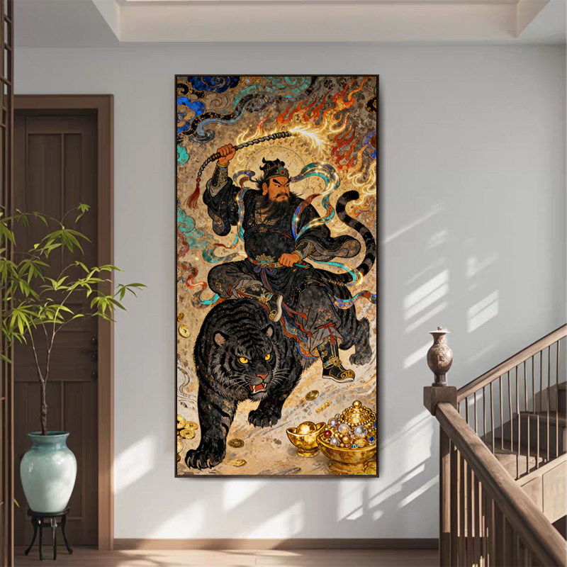 五路财神爷客厅玄关中堂神台挂画办公室茶室背景墙关公人像壁画竖