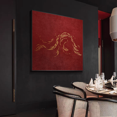 新中式客厅玄关方形装饰画酒店餐厅红色九鱼图立体肌理高级感挂画