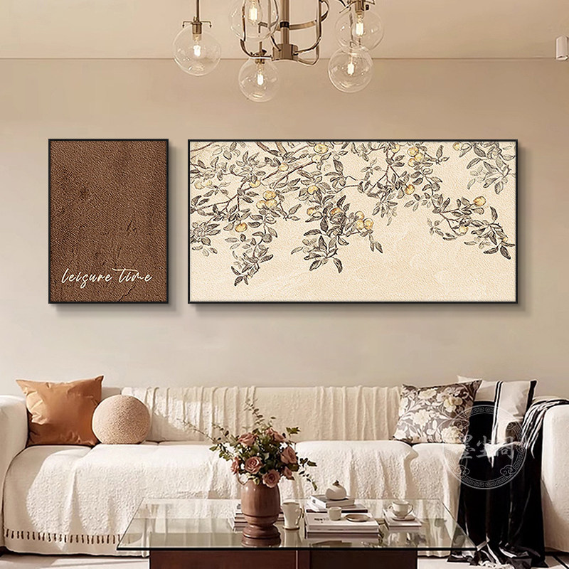 法式客厅装饰画中古风高级感肌理砂岩挂画沙发背景墙双联组合壁画