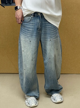 春夏款老钱风烫钻满天星水洗宽松弯刀牛仔裤痞帅薄款长裤阔腿裤