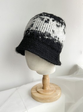 韩版针织帽毛线帽护耳大头围保暖费尔岛风拼色提花毛线帽渔夫帽潮