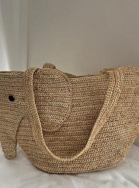 拉菲草手工编织草编包女夏季沙滩大容量草包可爱小象手提包单肩包