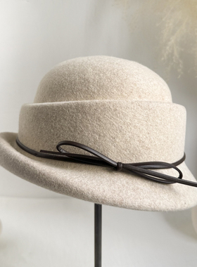 法式优雅羊毛呢礼帽女秋冬蝴蝶结装饰保暖百搭时尚帽子千金风礼帽