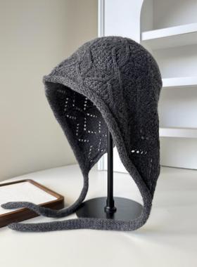 时尚纯羊毛护耳针织帽秋冬可系带包头帽带绳冷帽保暖显脸小毛线帽