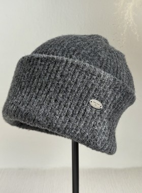 2025新款韩版针织毛线帽女秋冬保暖护耳帽显脸小金属标灰色冷帽潮