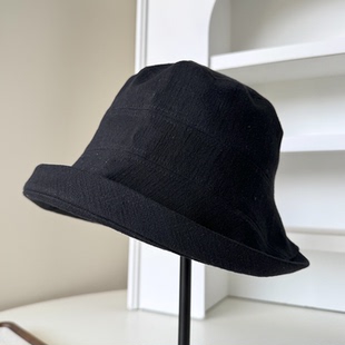 2025春秋新款黑色米色亚麻渔夫帽子女文艺风百搭水桶帽卷边盆帽潮