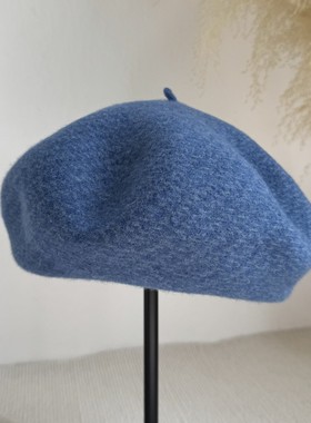 蓝色高品质羊毛贝雷帽女秋冬季韩版日系画家帽子英伦大头围蓓蕾帽