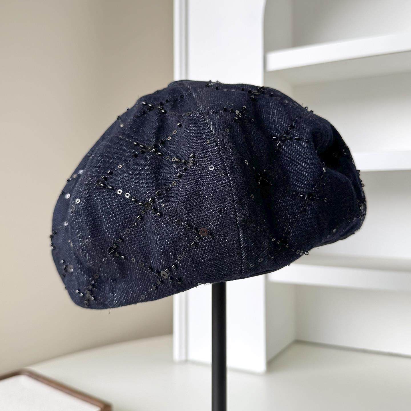 日单手工串珠装饰牛仔贝雷帽加大云朵版型蓓蕾帽时尚画家帽显脸小