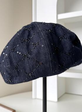 日单手工串珠装饰牛仔贝雷帽加大云朵版型蓓蕾帽时尚画家帽显脸小
