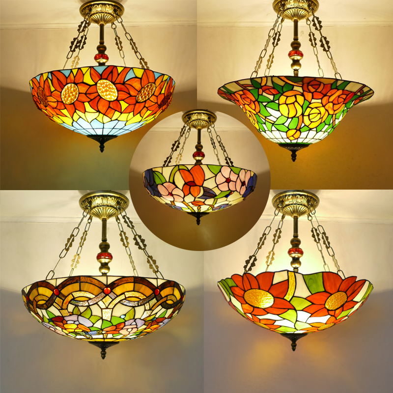 反吊灯西餐厅彩色玻璃北欧田园风