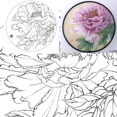 (有步骤图)工笔画打印白描底稿郑玲玲圆形团扇初学者临摹勾线练习