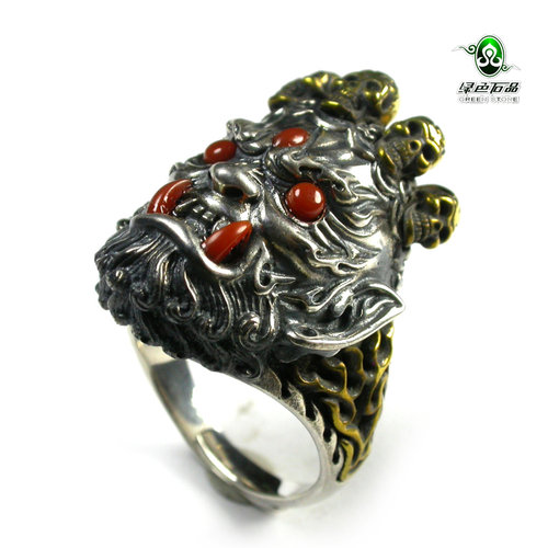 南红玛瑙925银大黑天财神戒指