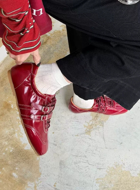 日韩系里外全真皮红色德训鞋2026春皮带扣系带休闲鞋内增高女鞋潮