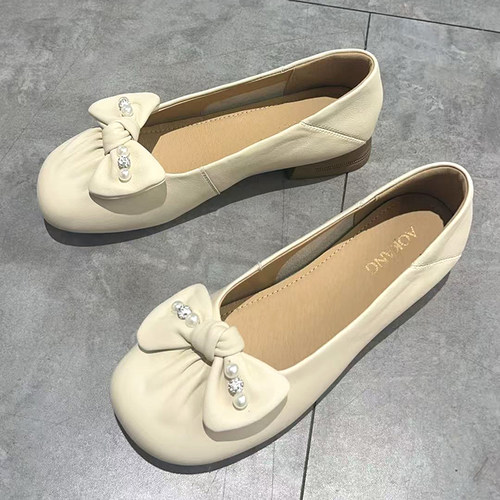 浅口休闲低跟羊皮蝴蝶结女单鞋