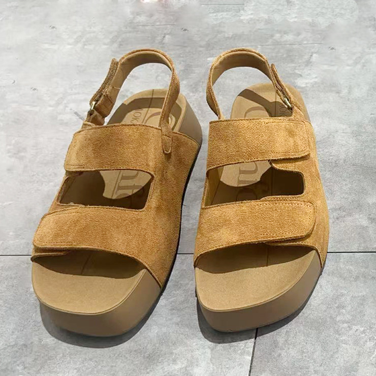 夏季休闲厚底平跟磨砂牛皮女凉鞋