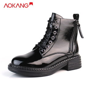 奥康女靴断码清仓秋冬款休闲亮面短靴马丁靴黑色