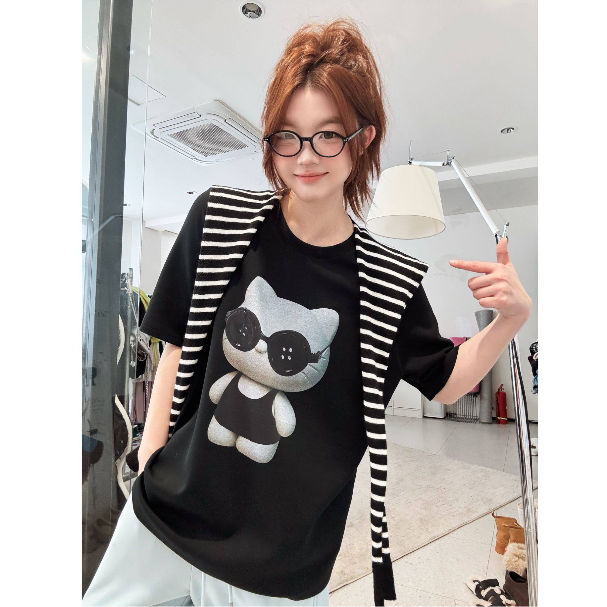 蕾蕾【墨镜小猫T】设计感墨镜小猫图案圆领大版短袖T恤