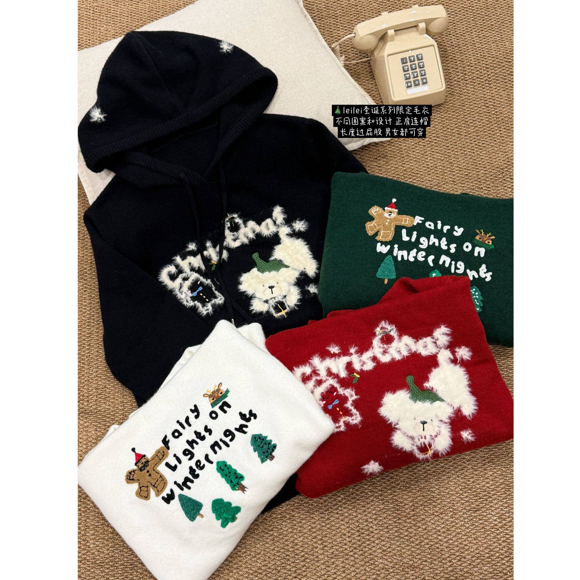 蕾蕾【圣诞家族】胸前圣诞图案宽松连帽针织毛衣