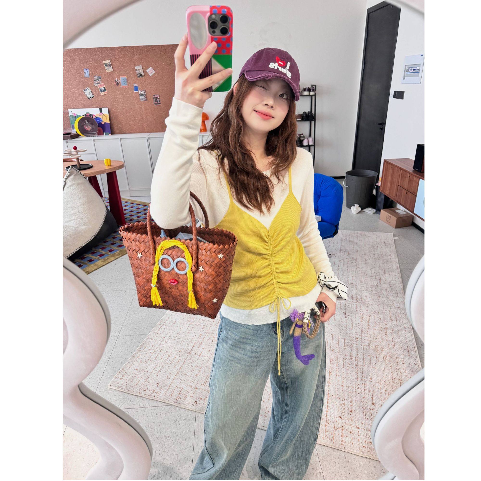 蕾蕾【梨泰院！】假两件撞色针织吊带胸前抽褶上衣百搭时尚