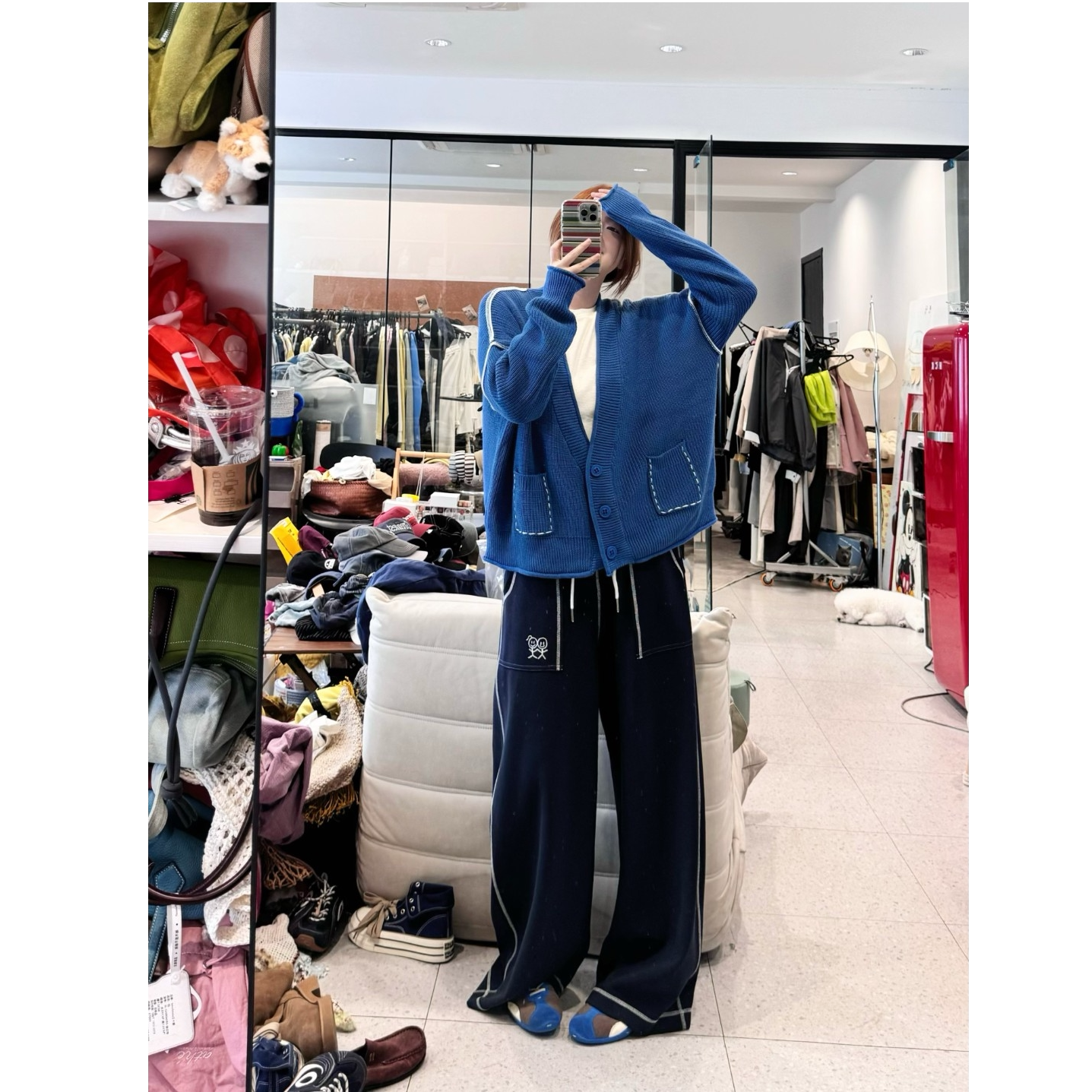 蕾蕾【秋日巴塞尔】秋冬撞色走线宽松V领针织开衫外套慵懒风